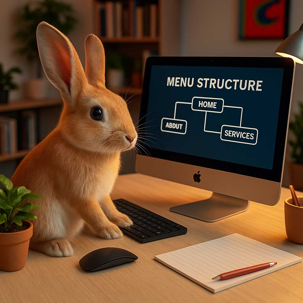  3D-afbeelding van een konijn dat aan een bureau werkt met een computerscherm waarop een websitestructuur wordt ontworpen, symbool voor het belang van een goede menustructuur.