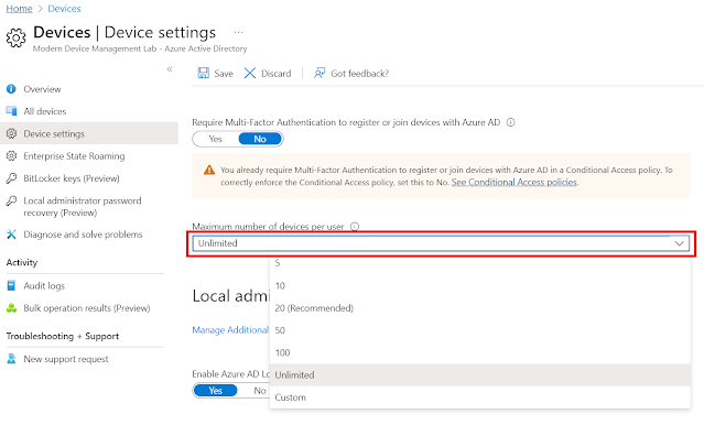 Microsoft Entra apparaatinstellingen met dropdown voor maximum number of devices per user