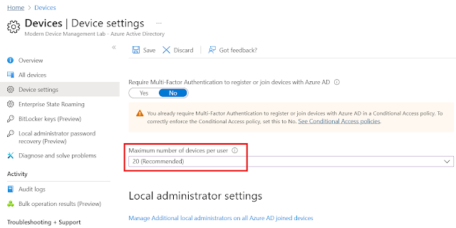 Microsoft Entra apparaatinstellingen met maximum number of devices per user op 20 aanbevolen