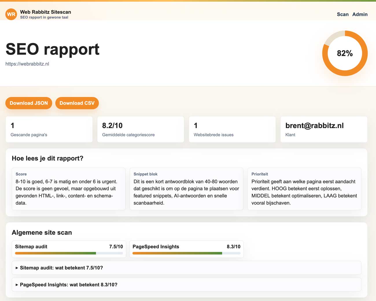 Voorbeeld van het SEO rapport overzicht met totaalscore en algemene site scan