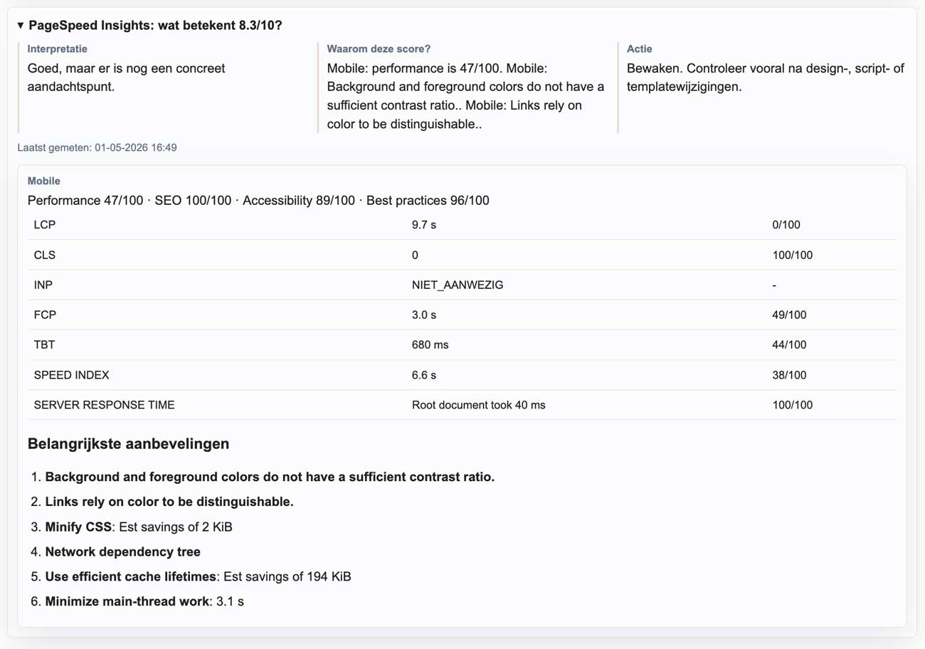 Voorbeeld van het SEO rapport overzicht van de Pagespeed score
