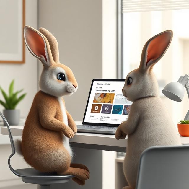 Twee konijnen bespreken website ontwerp op laptop