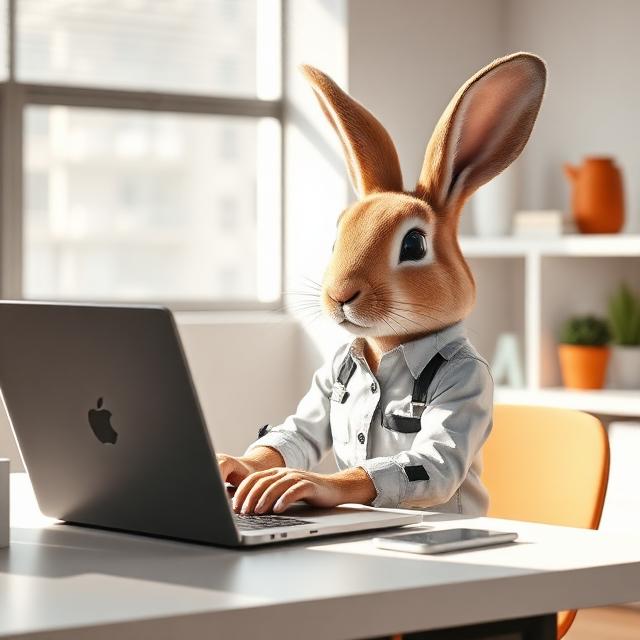 Konijn werkt aan website op laptop
