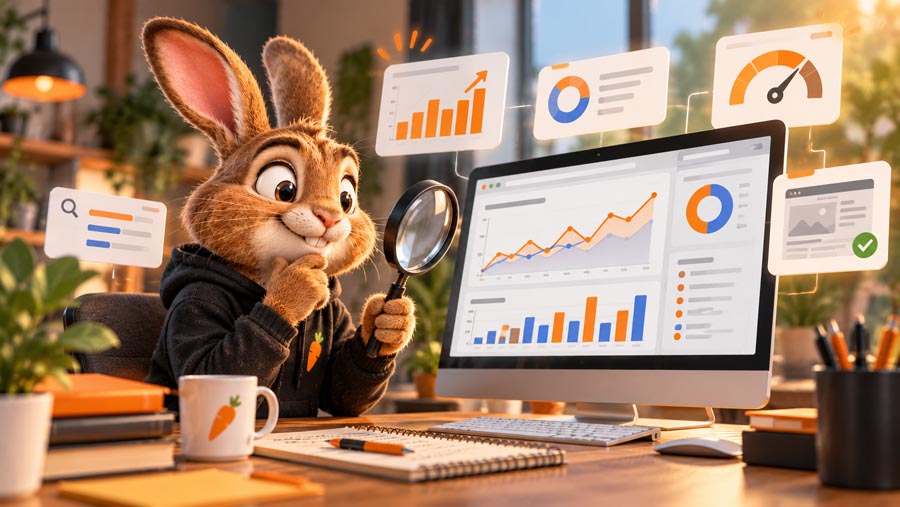 Het Web Rabbitz-konijn onderzoekt bezoekersstatistieken en websiteprestaties.