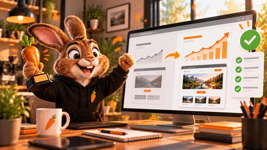 Het Web Rabbitz-konijn vergelijkt de resultaten van websiteverbeteringen.