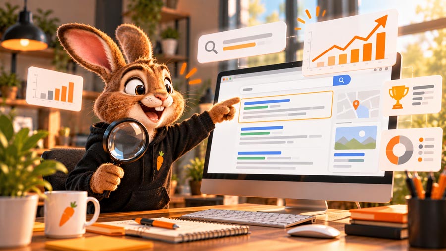 Het Web Rabbitz-konijn onderzoekt de vindbaarheid van een website in Google.